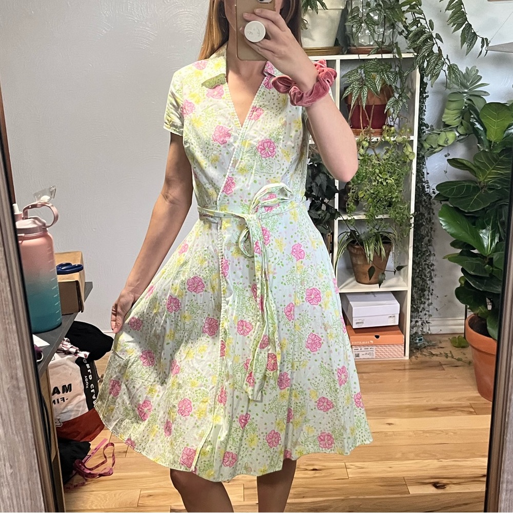 Vintage Lilly Pulitzer True Wrap Dress Midi Knee Length Floral Print Collared 4